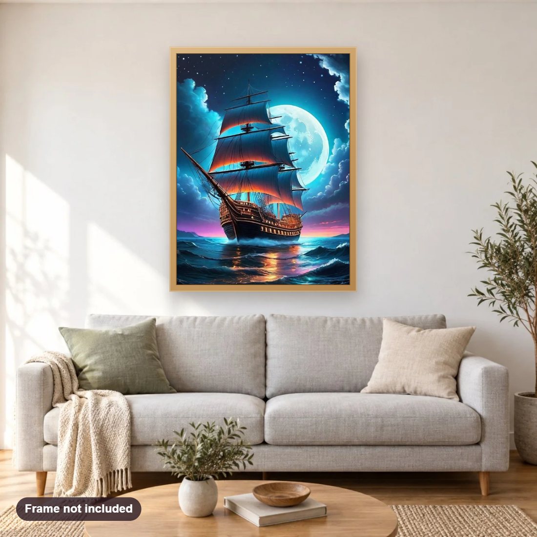 Pirate Ship's Midnight Odyssey diamond painting shown framed on a living room wall above a sofa