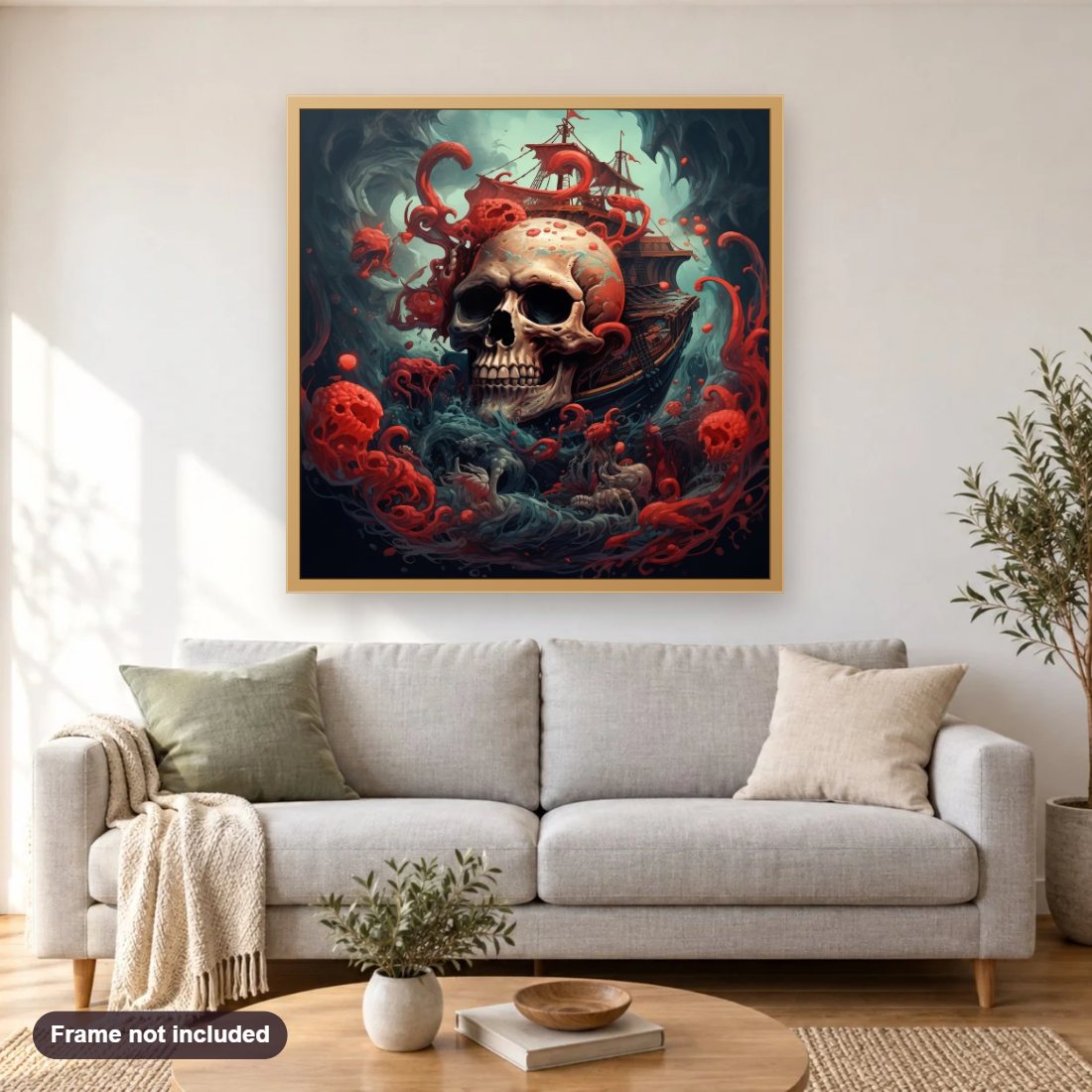 Pirate Skull diamond painting shown framed on a living room wall above a sofa