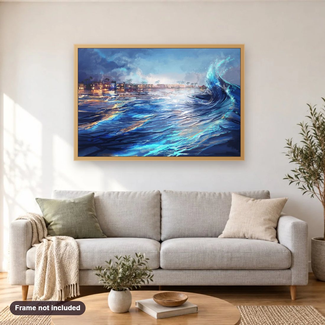 Pismo Beach diamond painting shown framed on a living room wall above a sofa