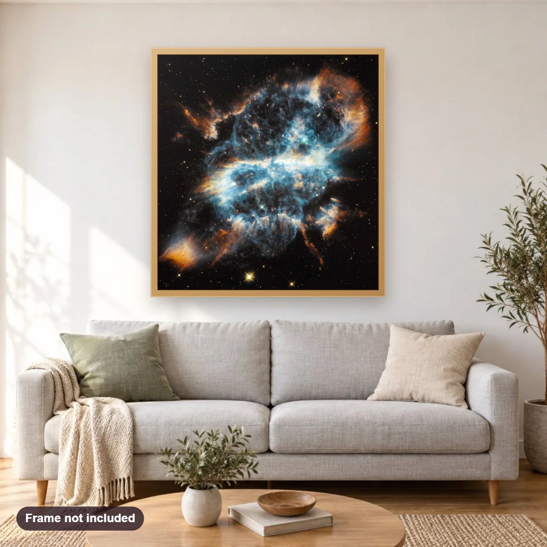 Planetary Nebula NGC 5189 diamond painting shown framed on a living room wall above a sofa