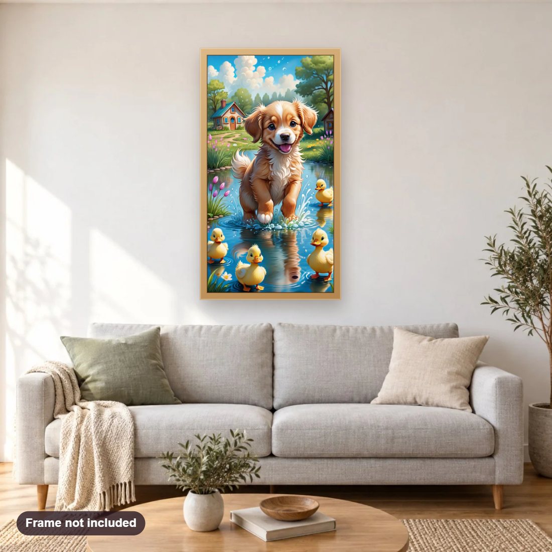 Playtime in the Pool diamond painting shown framed on a living room wall above a sofa