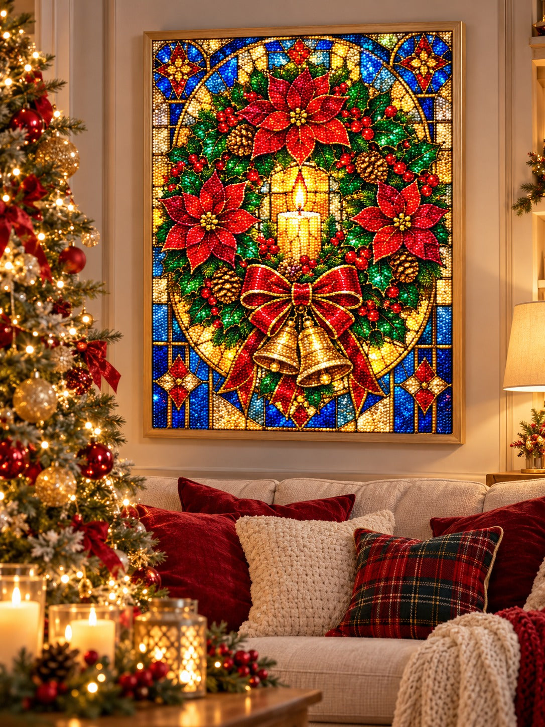 Finished stained glass poinsettia Christmas wreath diamond painting in a light oak frame hanging in a cozy living room decorated for Christmas