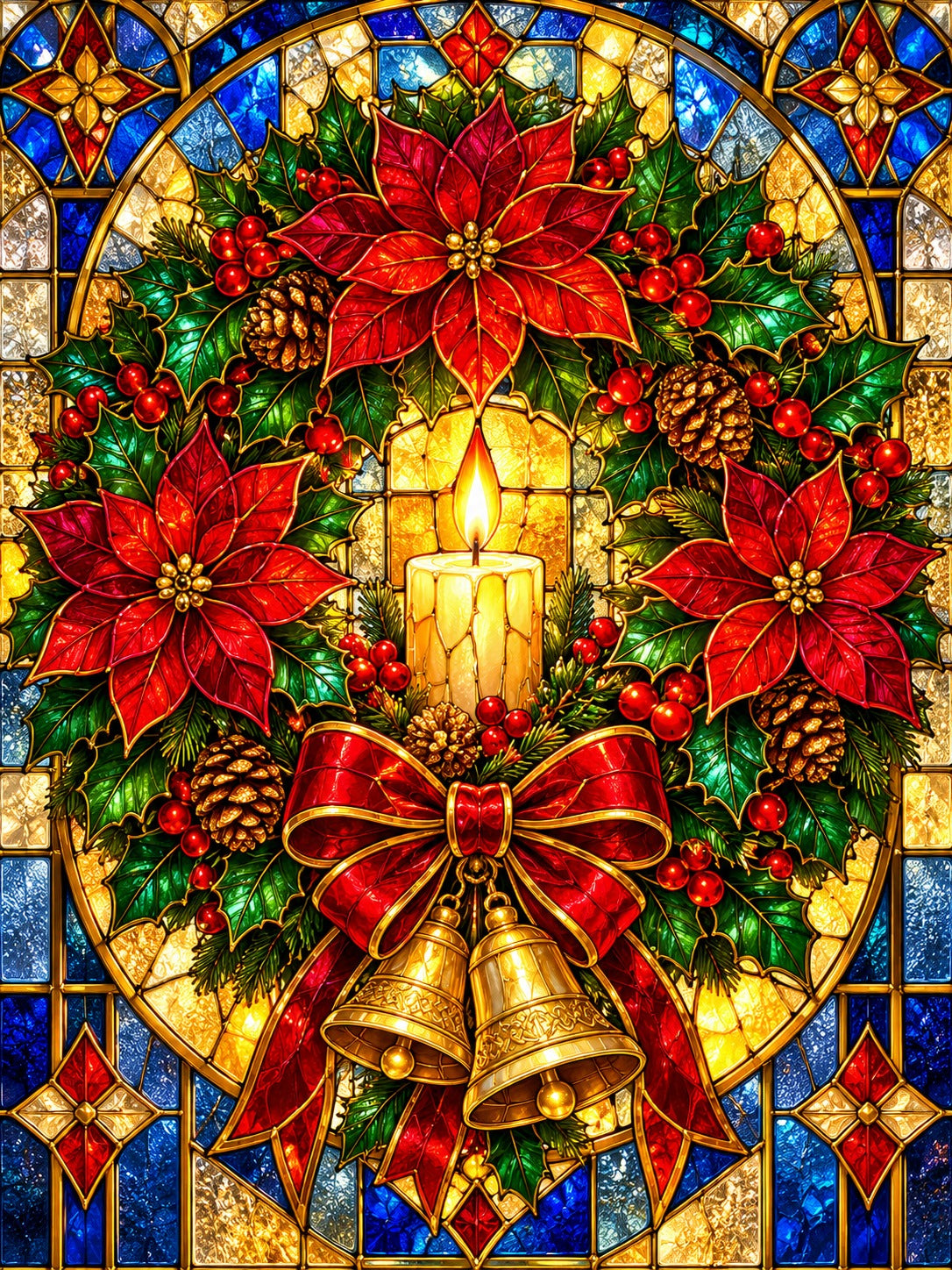 Stained glass poinsettia Christmas wreath, Christmas diamond painting kit by All Diamond Painting