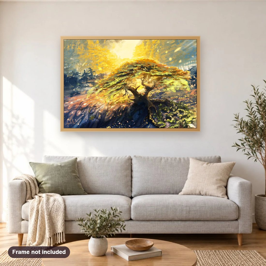 Point Lobos Cypress diamond painting shown framed on a living room wall above a sofa