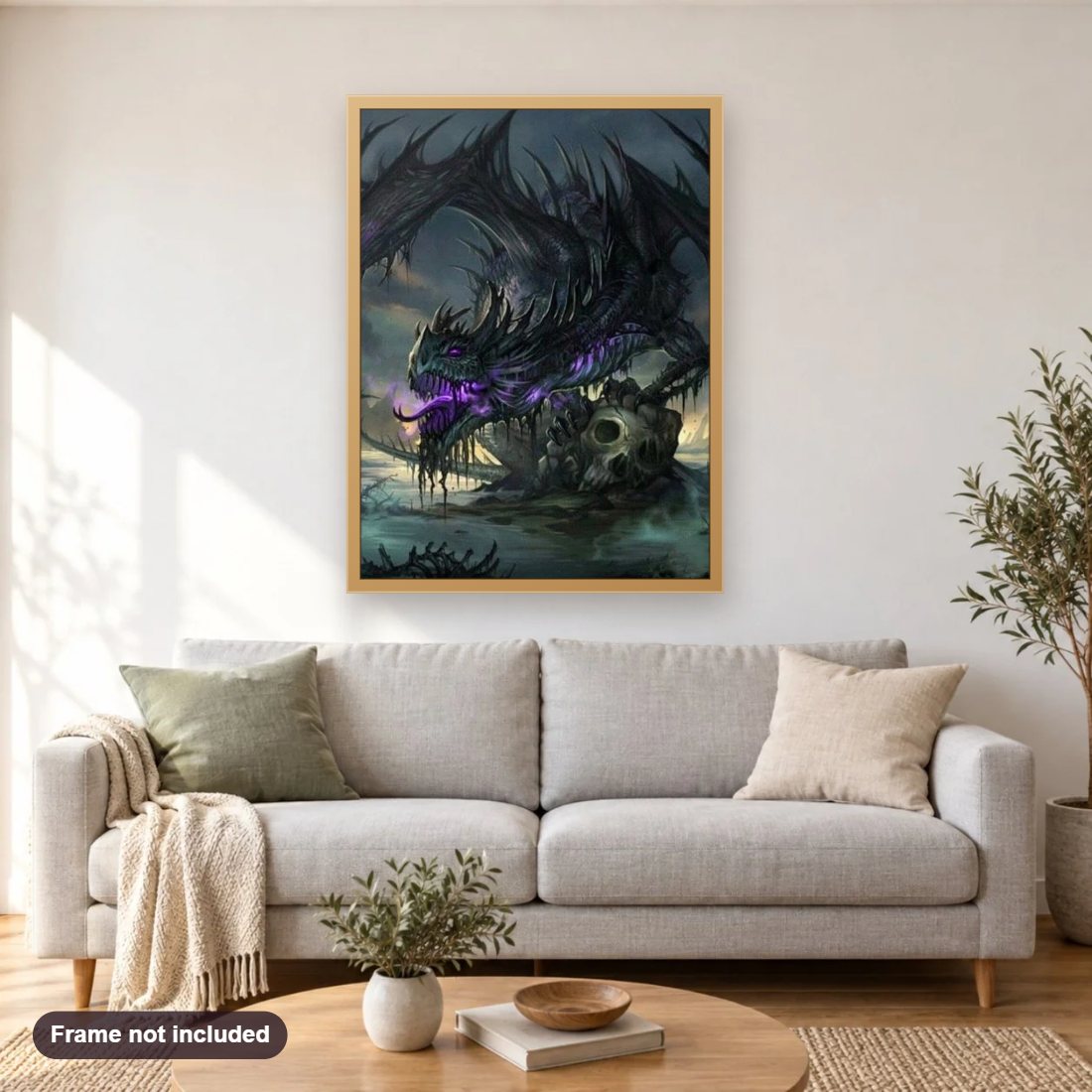 Poison Dragon diamond painting shown framed on a living room wall above a sofa