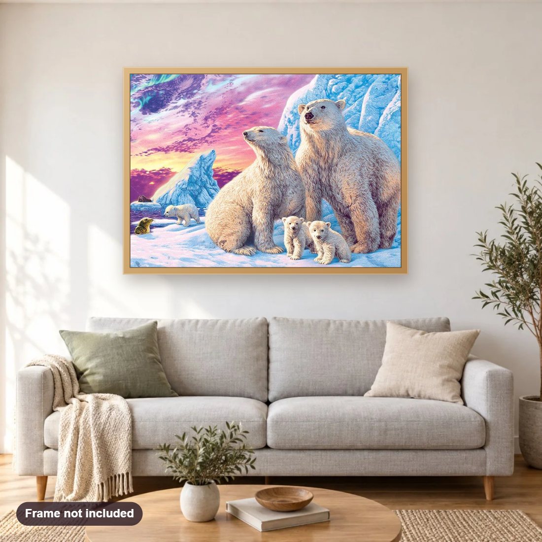Polar Bear diamond painting shown framed on a living room wall above a sofa