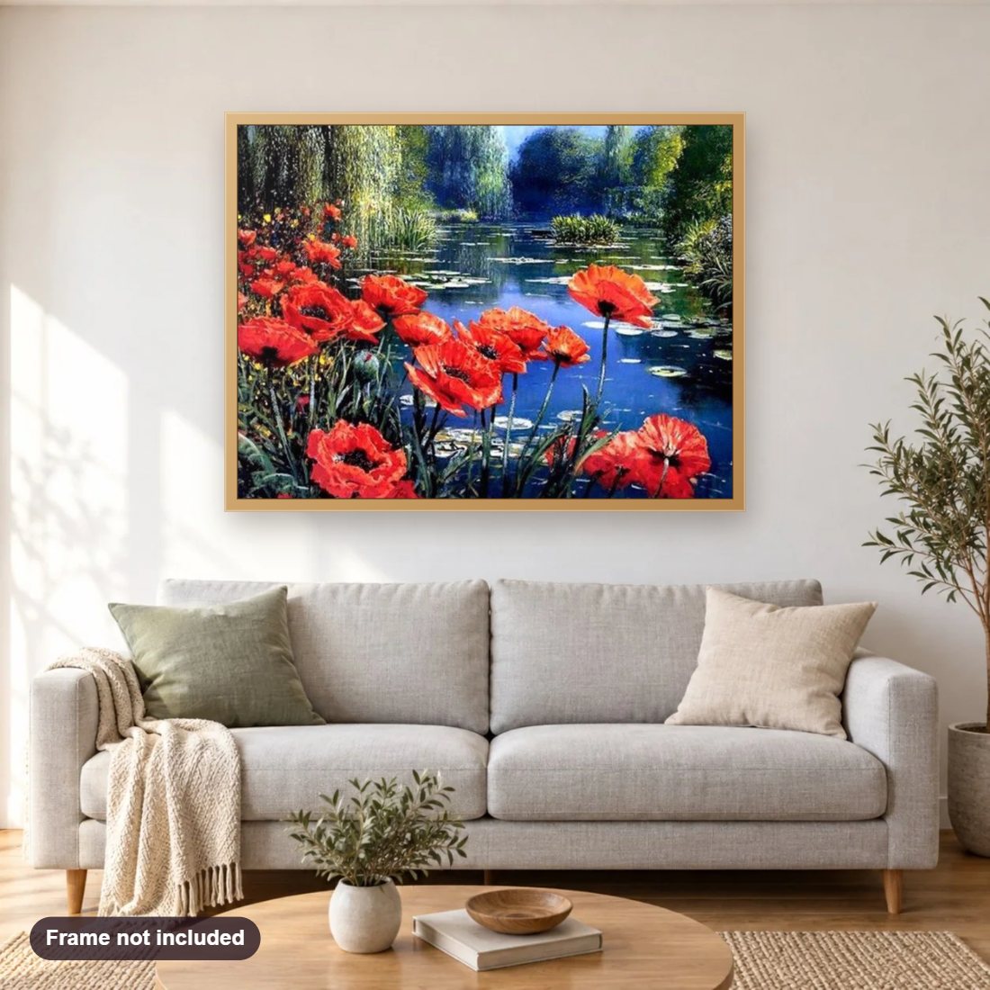 Poppy Flowers by the Lake diamond painting shown framed on a living room wall above a sofa