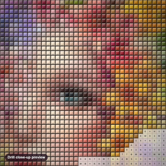 Close-up preview of the Pretty Girl with Flowers on her Head diamond painting with square 5D drills and printed canvas symbols