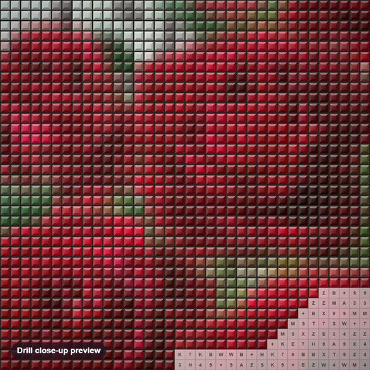 Close-up preview of the Pretty Red Roses diamond painting with square 5D drills and printed canvas symbols