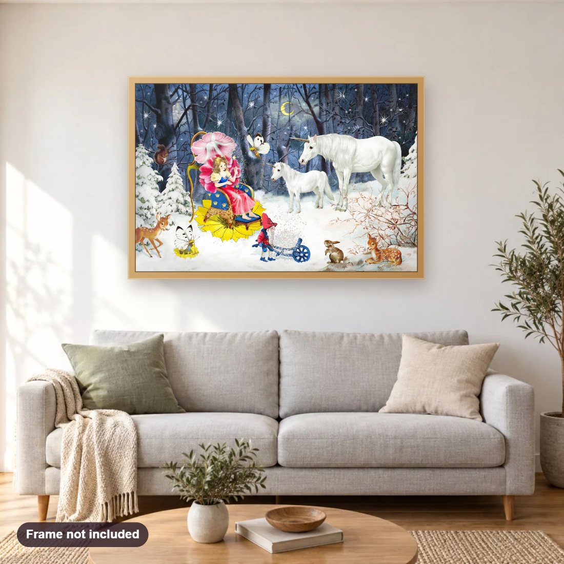 Princess and Unicorns diamond painting shown framed on a living room wall above a sofa