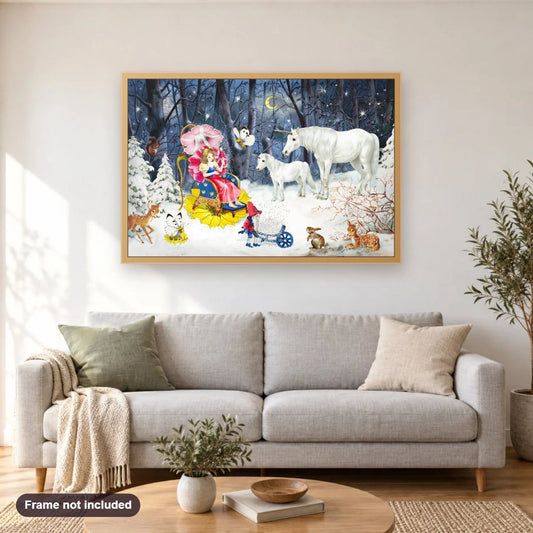 Princess and Unicorns diamond painting shown framed on a living room wall above a sofa