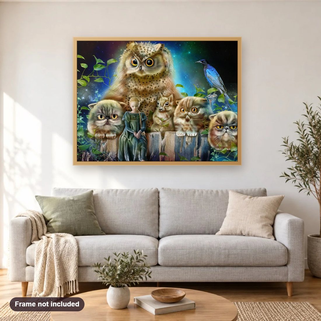 Princess & the Guardians diamond painting shown framed on a living room wall above a sofa