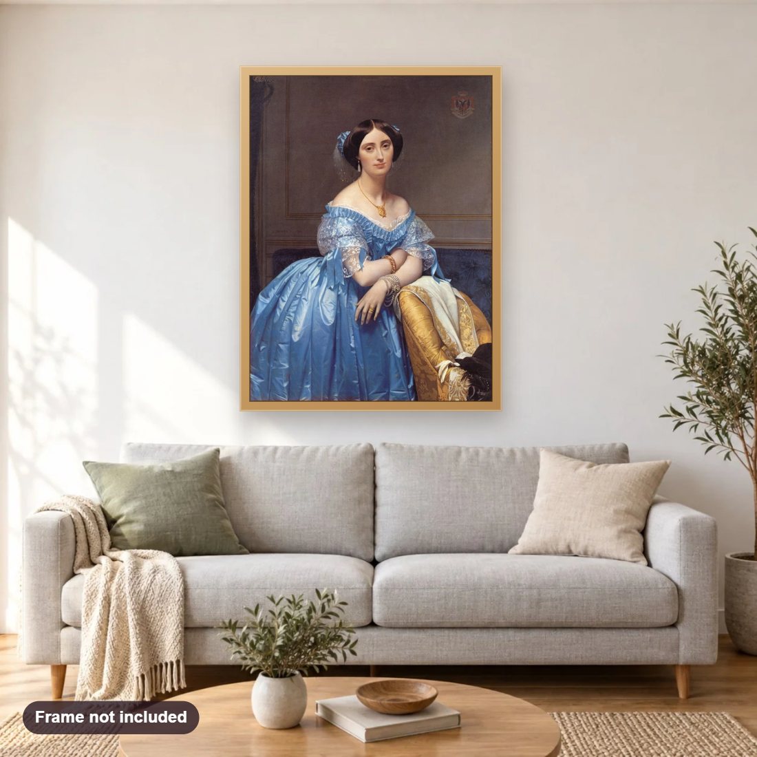 Princesse de Broglie Portrait diamond painting shown framed on a living room wall above a sofa