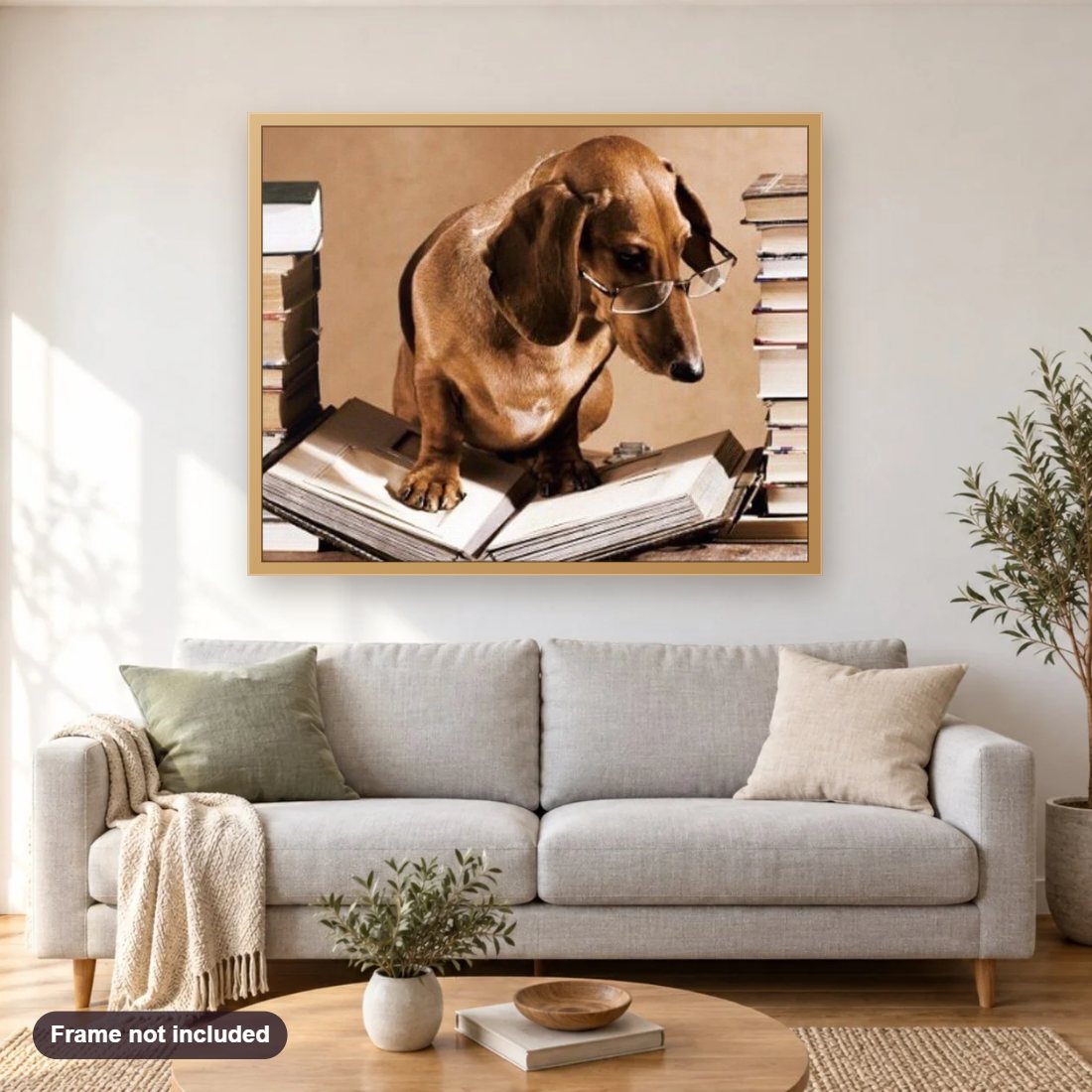Professor Dog diamond painting shown framed on a living room wall above a sofa