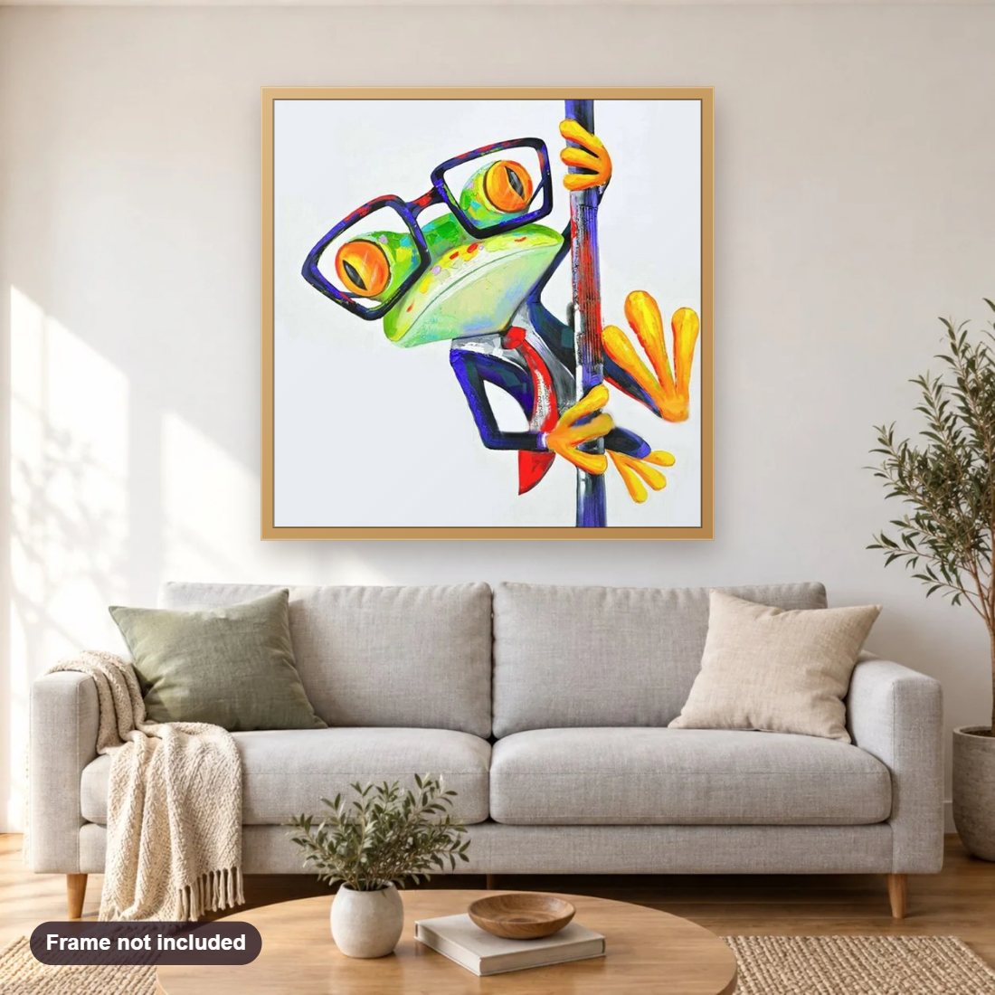 Professor Frog diamond painting shown framed on a living room wall above a sofa