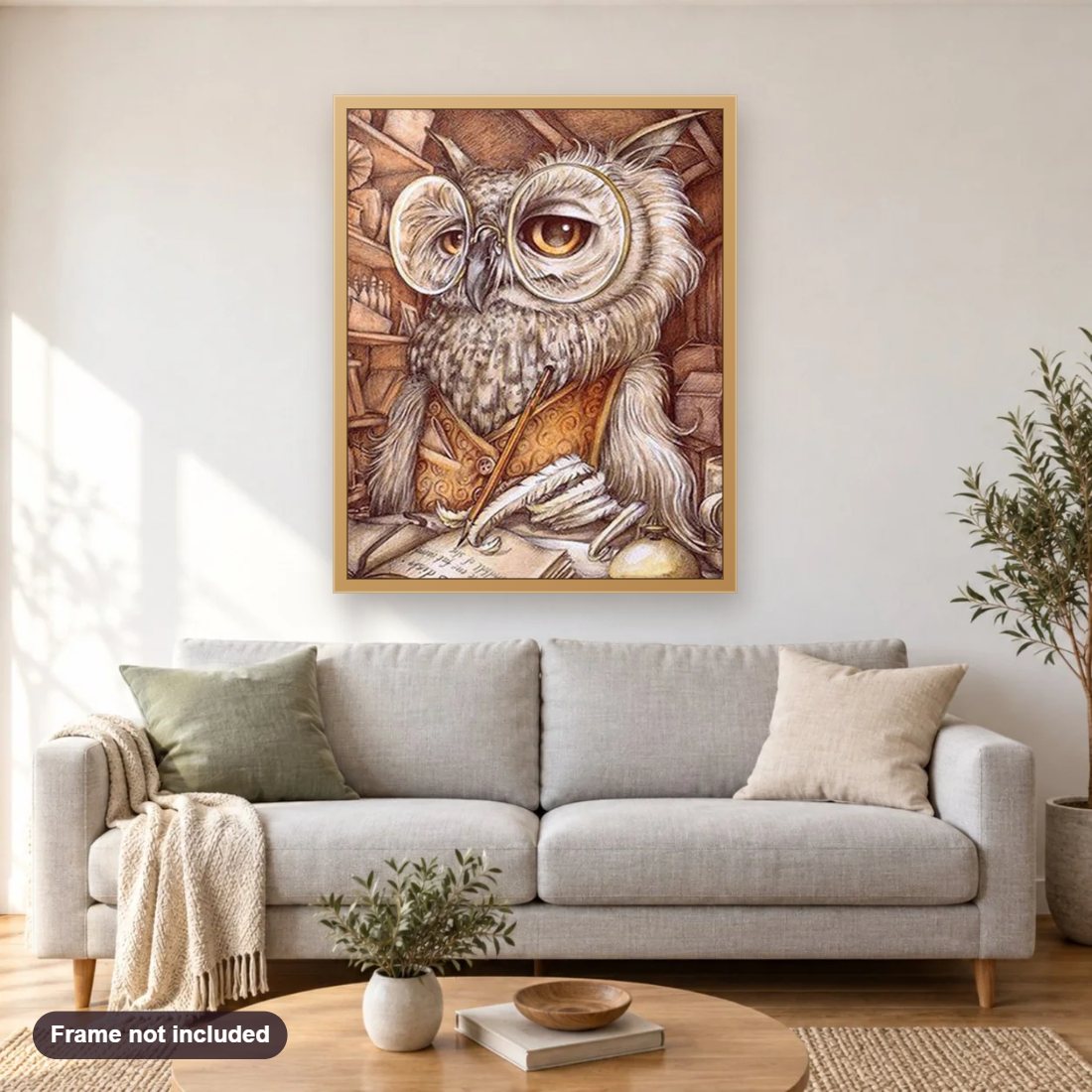 Professor Owl diamond painting shown framed on a living room wall above a sofa