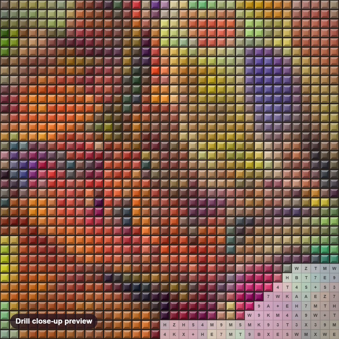 Close-up preview of the Psychedelic Cat diamond painting with square 5D drills and printed canvas symbols