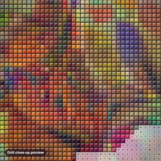 Close-up preview of the Psychedelic Cat diamond painting with square 5D drills and printed canvas symbols