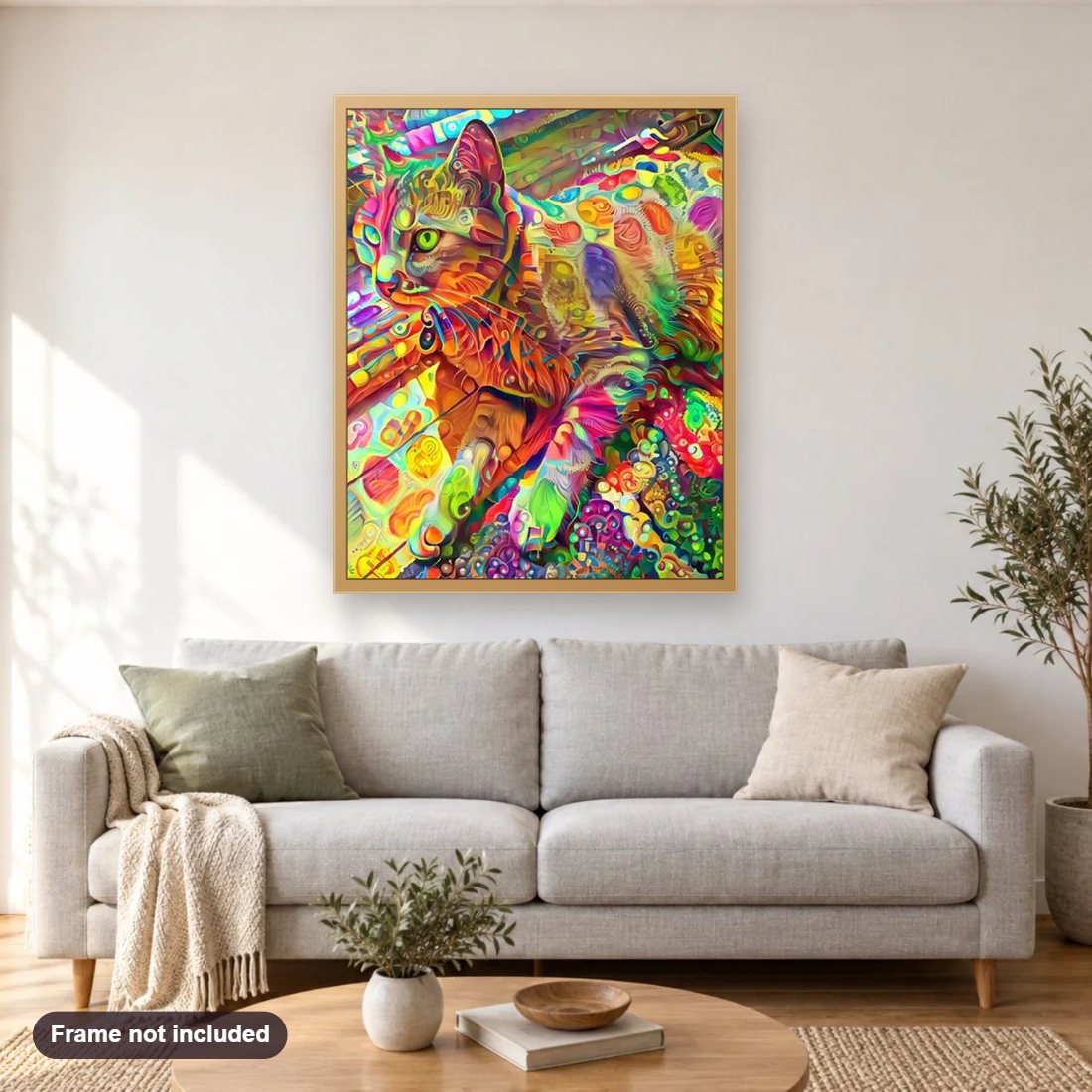 Psychedelic Cat diamond painting shown framed on a living room wall above a sofa