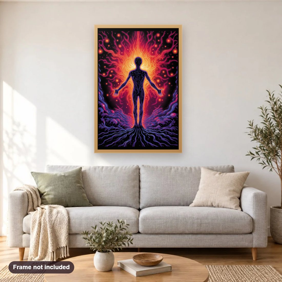 Psychedelic Energy diamond painting shown framed on a living room wall above a sofa