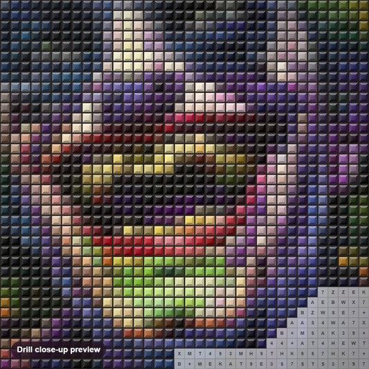 Close-up preview of the Psychedelic Joker diamond painting with square 5D drills and printed canvas symbols