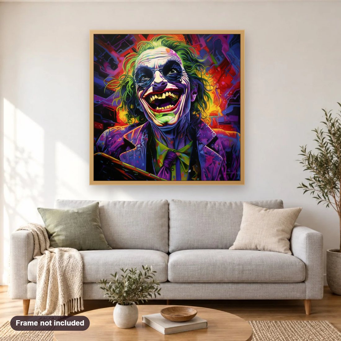 Psychedelic Joker diamond painting shown framed on a living room wall above a sofa