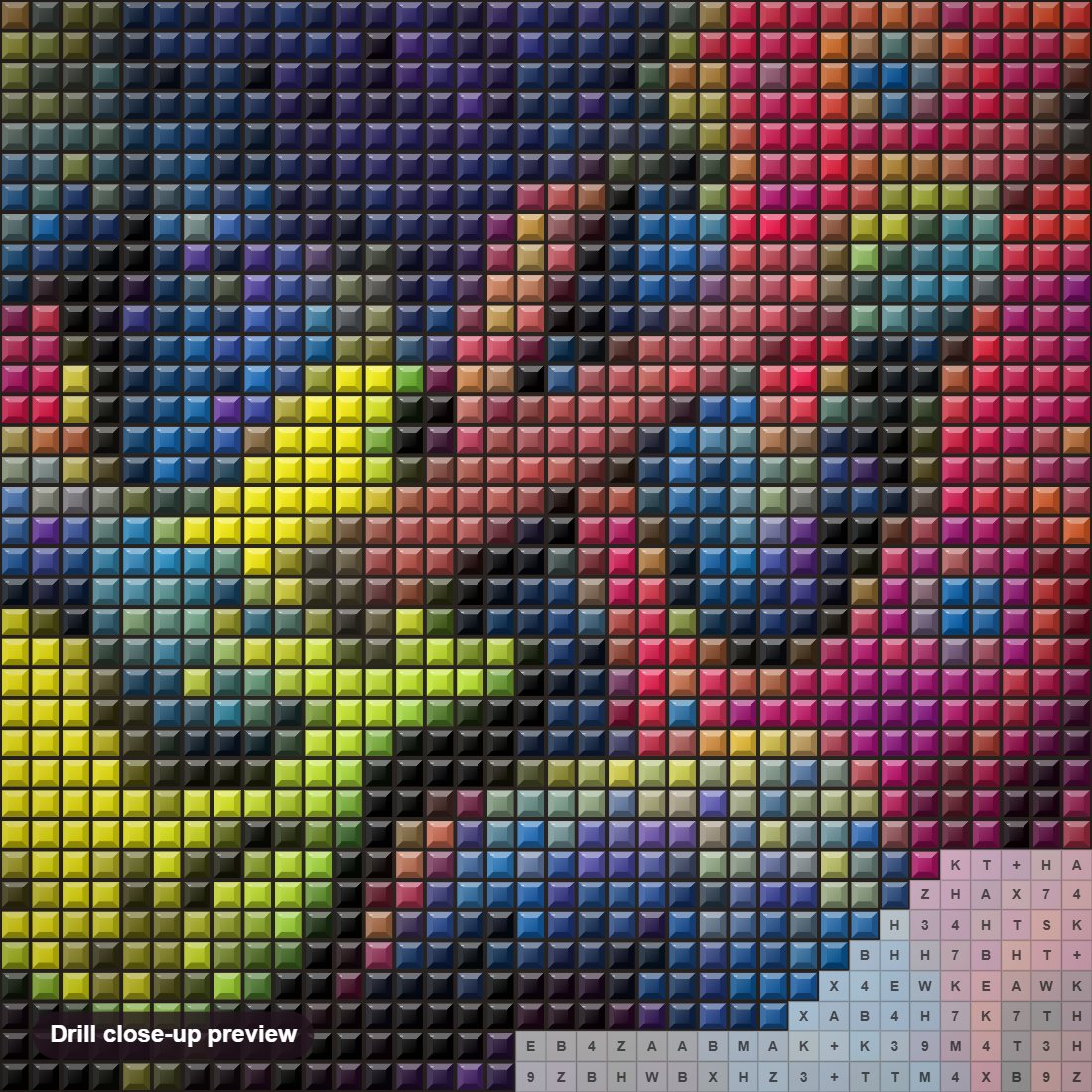 Close-up preview of the Psychedelic Musician diamond painting with square 5D drills and printed canvas symbols