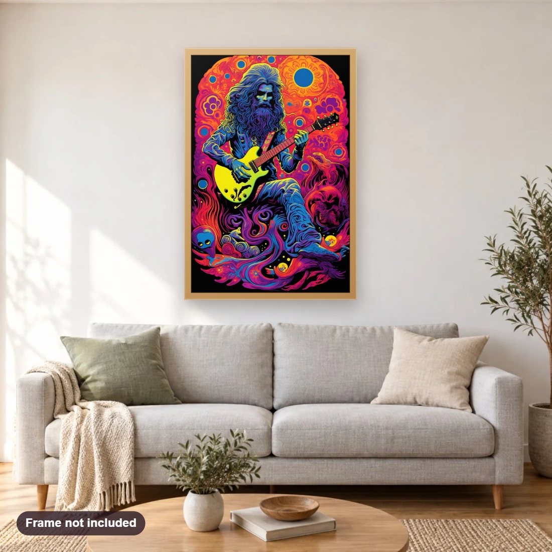 Psychedelic Musician diamond painting shown framed on a living room wall above a sofa