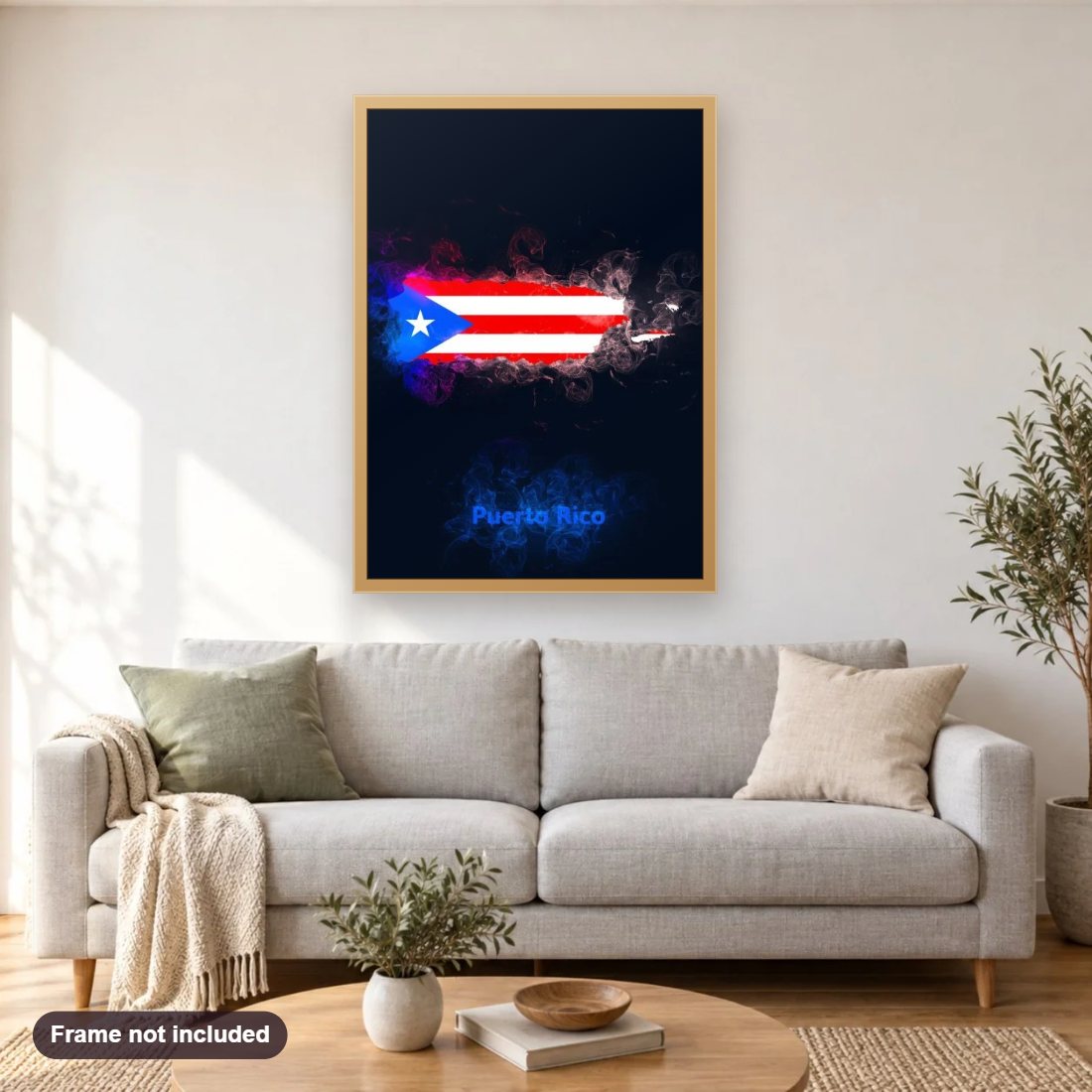Puerto Rico Country Map diamond painting shown framed on a living room wall above a sofa