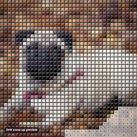 Close-up preview of the Pug Dog in the Forest diamond painting with square 5D drills and printed canvas symbols