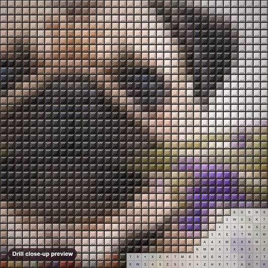 Close-up preview of the Pug Dog with Flowers diamond painting with square 5D drills and printed canvas symbols