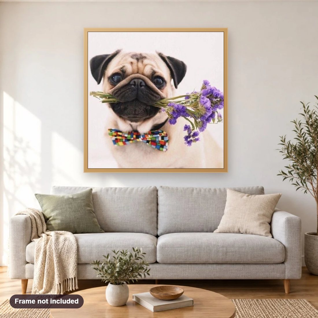 Pug Dog with Flowers diamond painting shown framed on a living room wall above a sofa