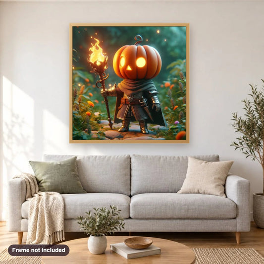 Pumpkin Headed Warrior diamond painting shown framed on a living room wall above a sofa