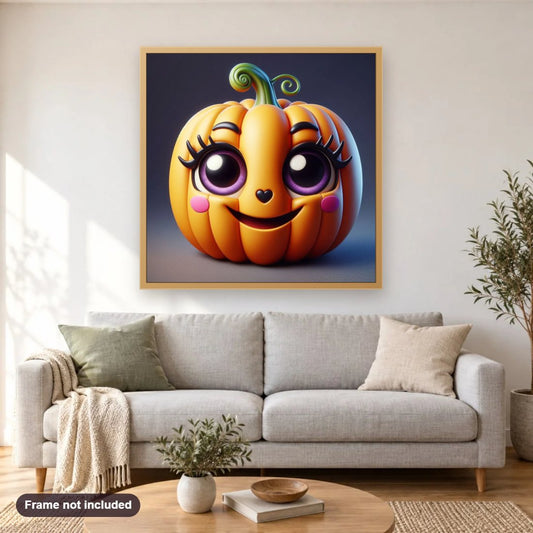 Pumpkin Smiling Face diamond painting shown framed on a living room wall above a sofa