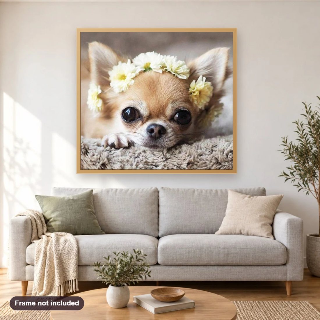 Puppy with Flower Crown diamond painting shown framed on a living room wall above a sofa