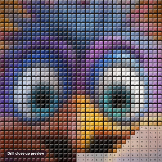 Close-up preview of the Purple Crazy Bird diamond painting with square 5D drills and printed canvas symbols
