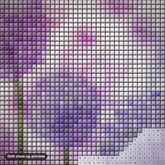 Close-up preview of the Purple Dandelion diamond painting with square 5D drills and printed canvas symbols