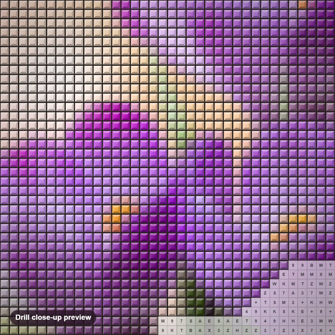 Close-up preview of the Purple Floral Beauty diamond painting with square 5D drills and printed canvas symbols