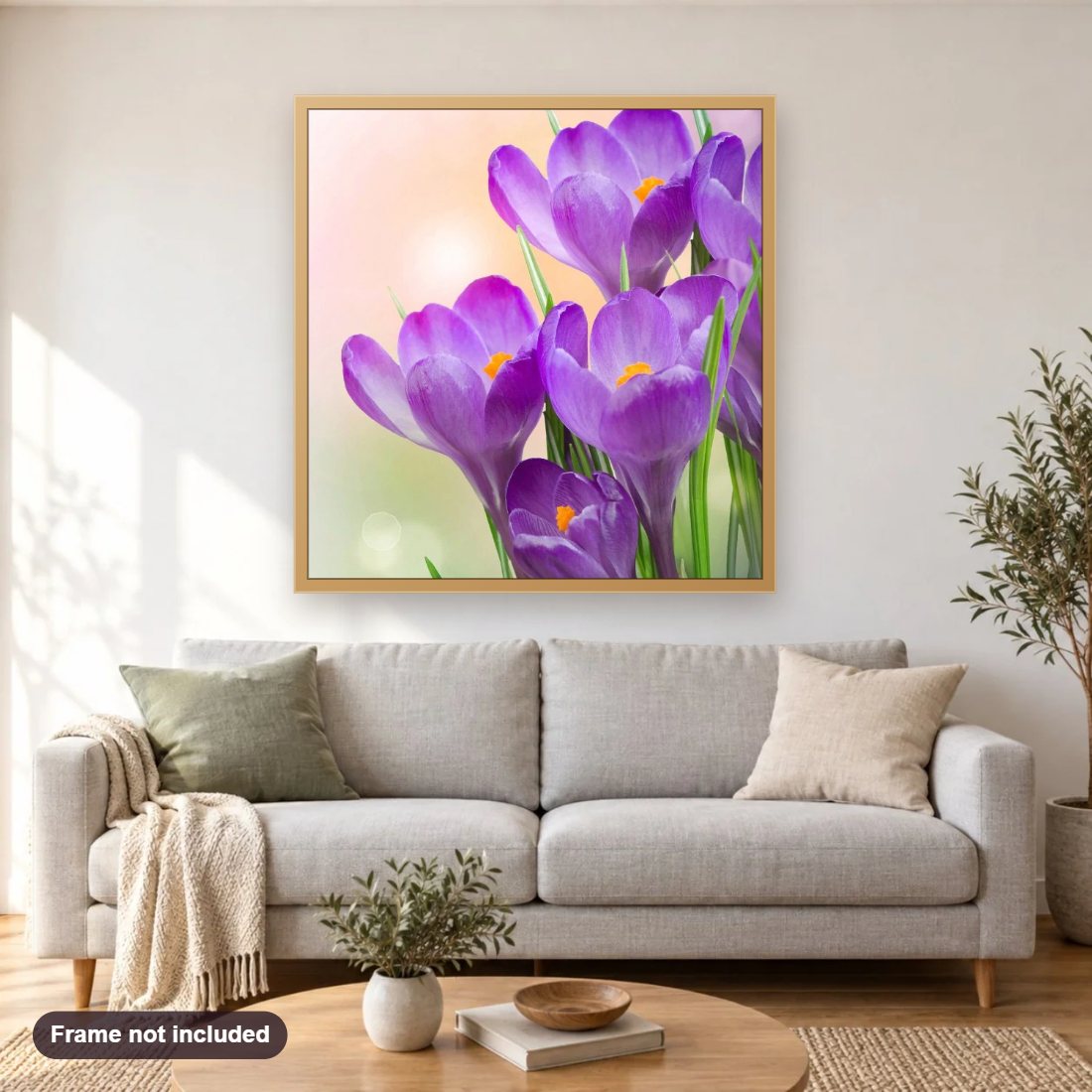 Purple Floral Beauty diamond painting shown framed on a living room wall above a sofa