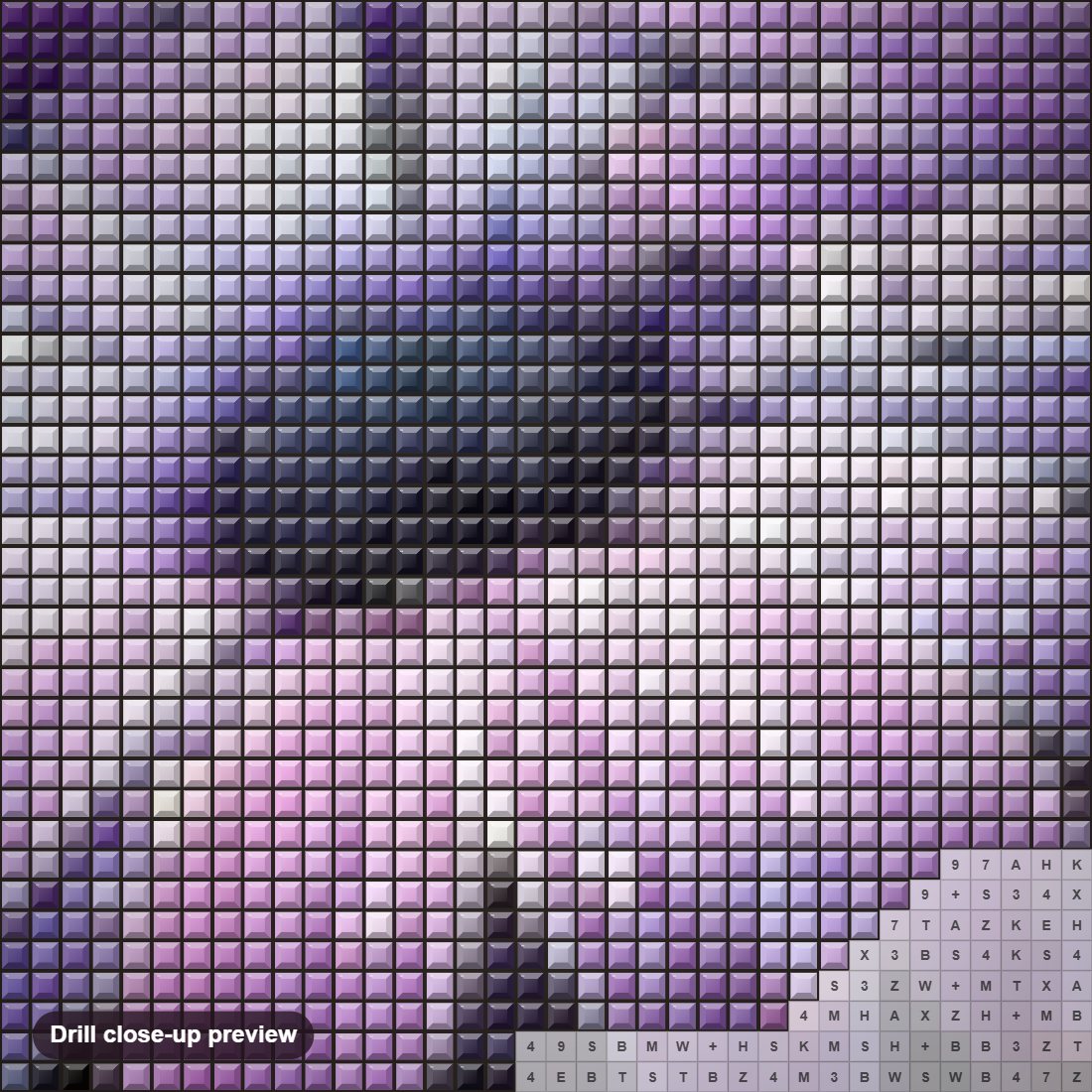 Close-up preview of the Purple Flowers diamond painting with square 5D drills and printed canvas symbols
