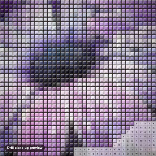 Close-up preview of the Purple Flowers diamond painting with square 5D drills and printed canvas symbols
