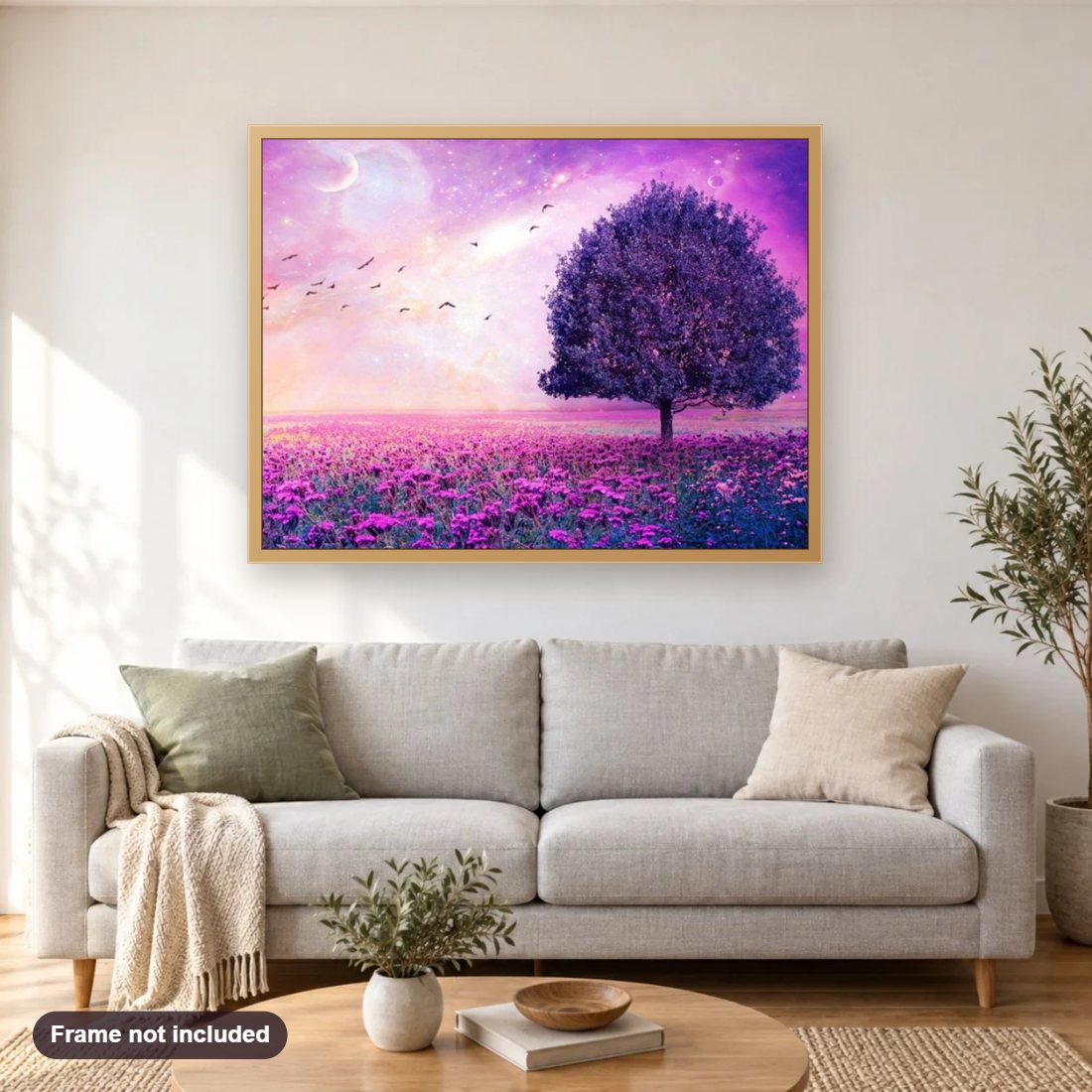 Purple Nature diamond painting shown framed on a living room wall above a sofa