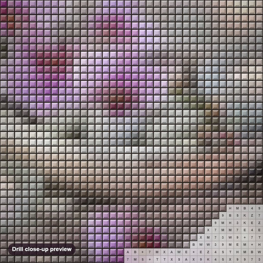 Close-up preview of the Purple Orchids & Candles diamond painting with square 5D drills and printed canvas symbols