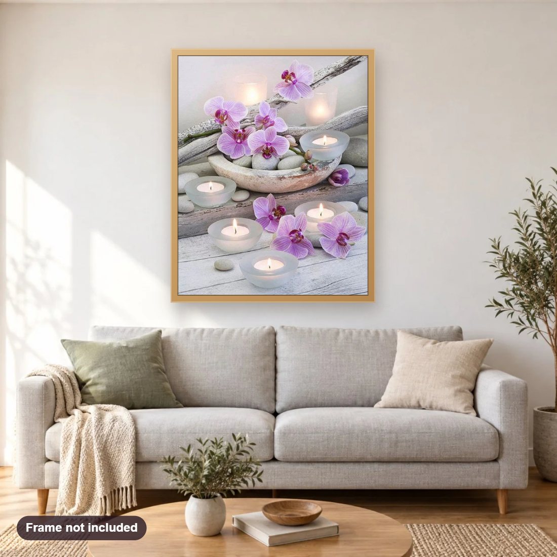 Purple Orchids & Candles diamond painting shown framed on a living room wall above a sofa