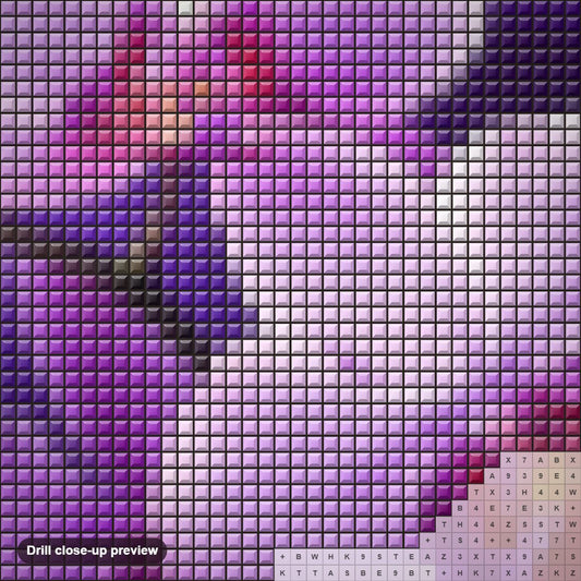 Close-up preview of the Purple Orchids diamond painting with square 5D drills and printed canvas symbols