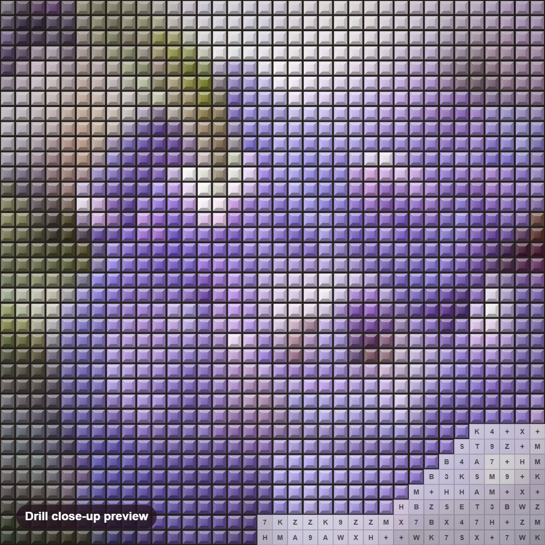 Close-up preview of the Purple Rose & Bird diamond painting with square 5D drills and printed canvas symbols