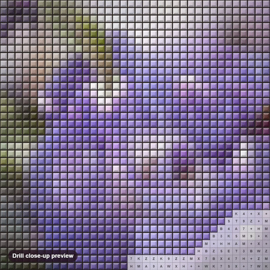 Close-up preview of the Purple Rose & Bird diamond painting with square 5D drills and printed canvas symbols