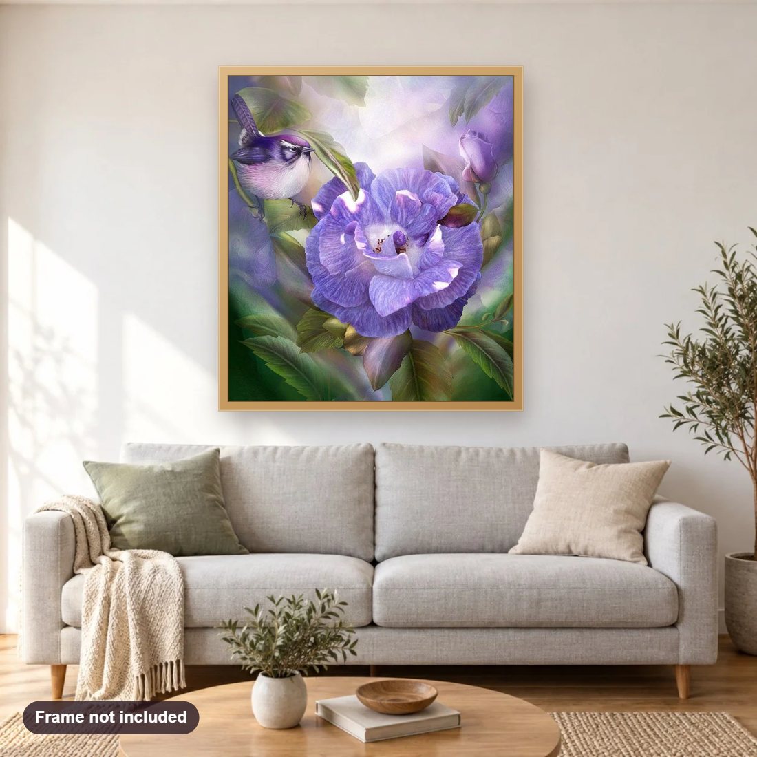 Purple Rose & Bird diamond painting shown framed on a living room wall above a sofa