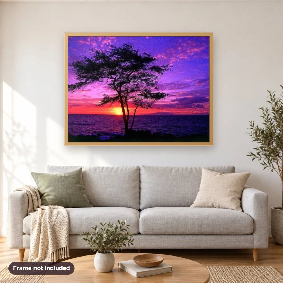 Purple Sunset in Hawaii diamond painting shown framed on a living room wall above a sofa