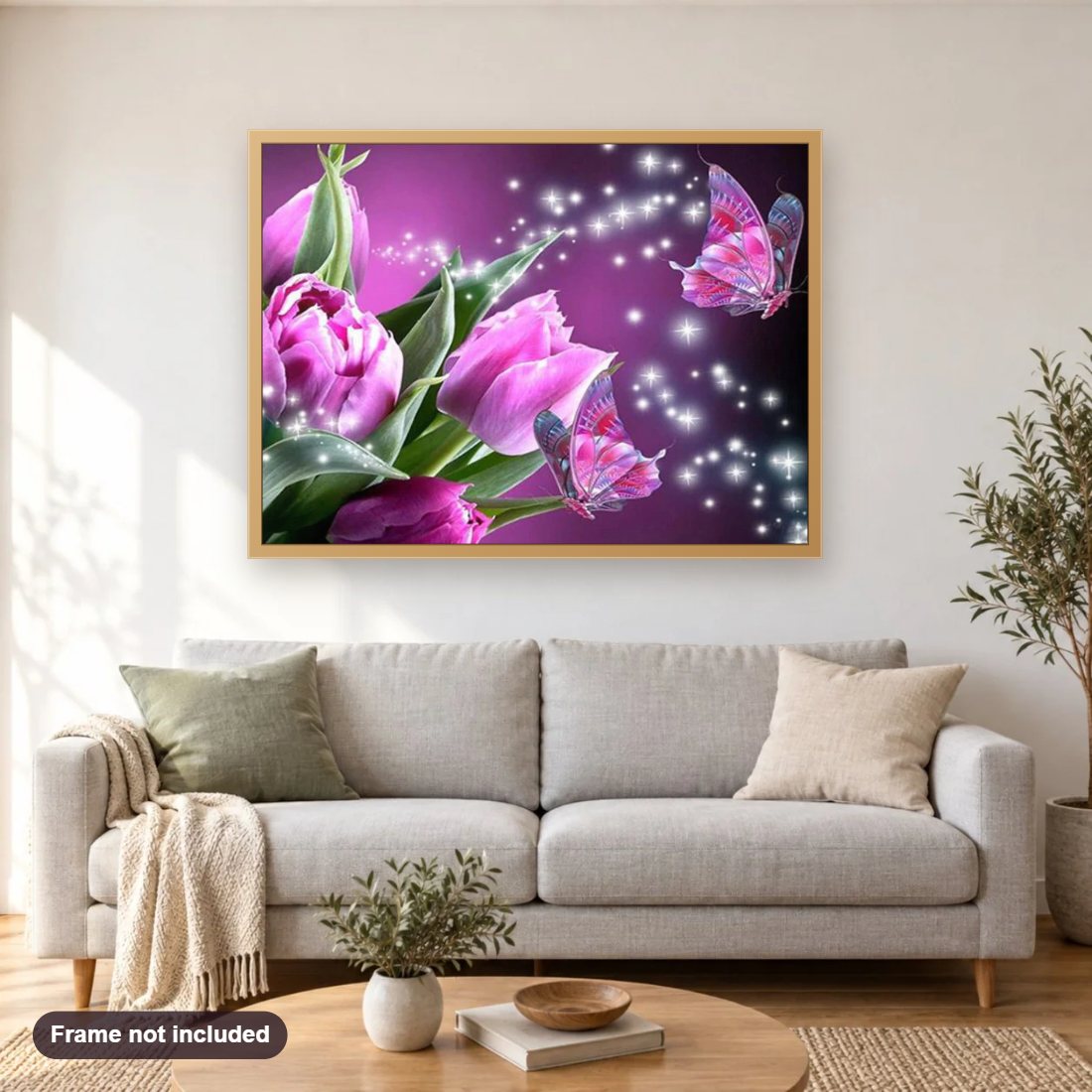 Purple Tulips & Butterflies diamond painting shown framed on a living room wall above a sofa